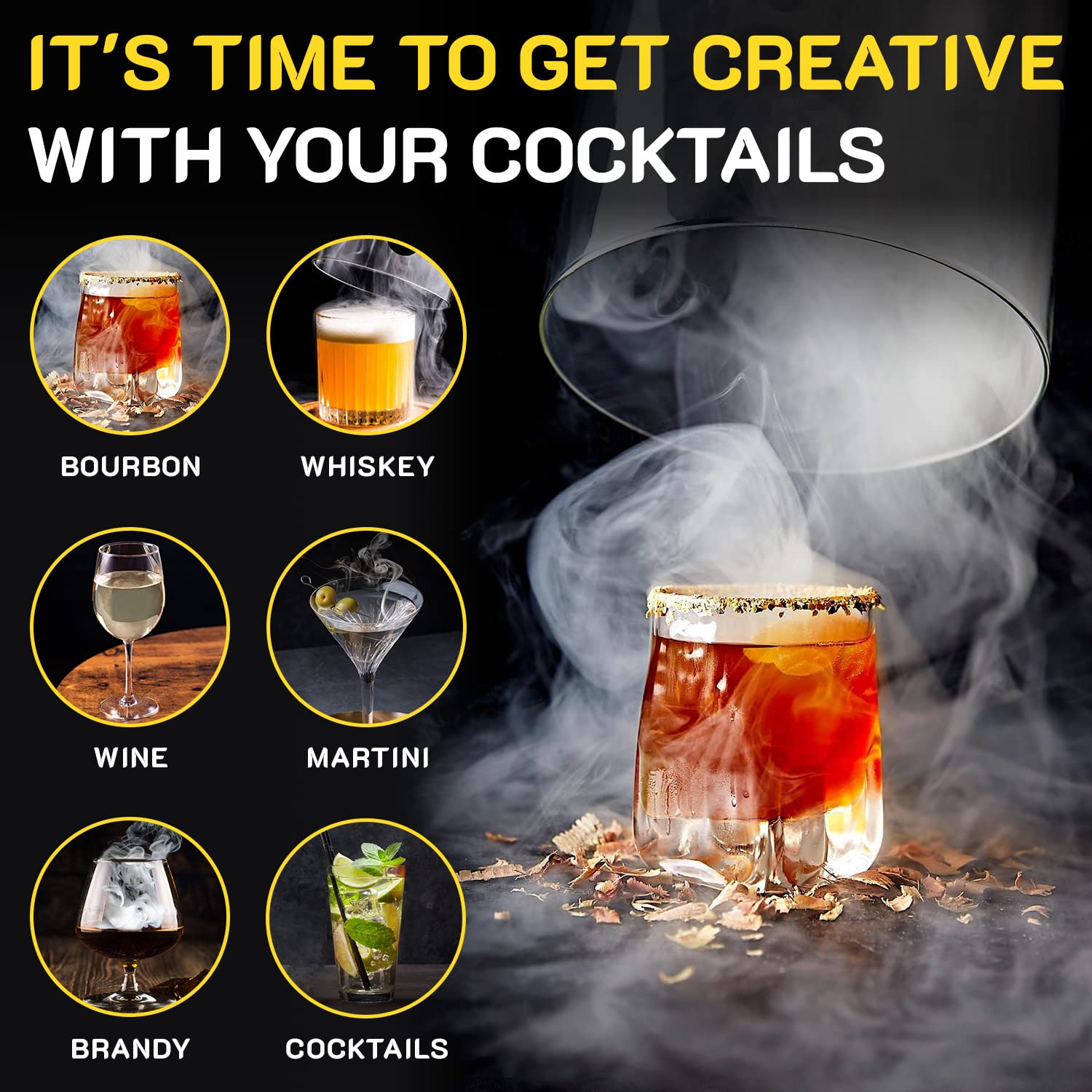 Homia Smoked foods and drinks visual suggests aromatic, balanced smoke for entrees