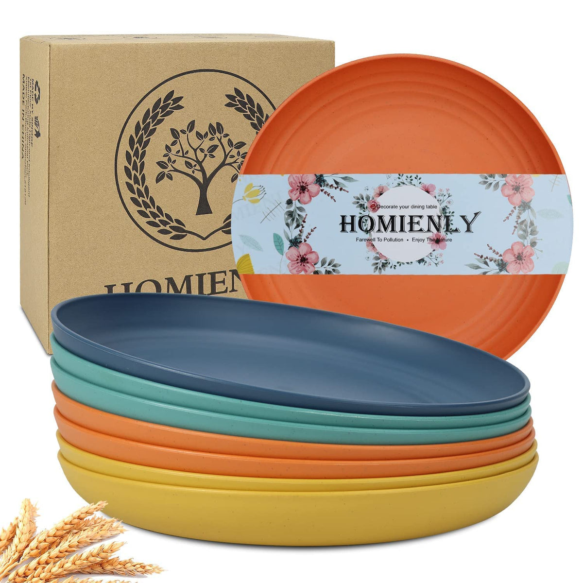 Homienly 10-inch wheat straw dinner plates, sturdy eight-piece set for everyday use.