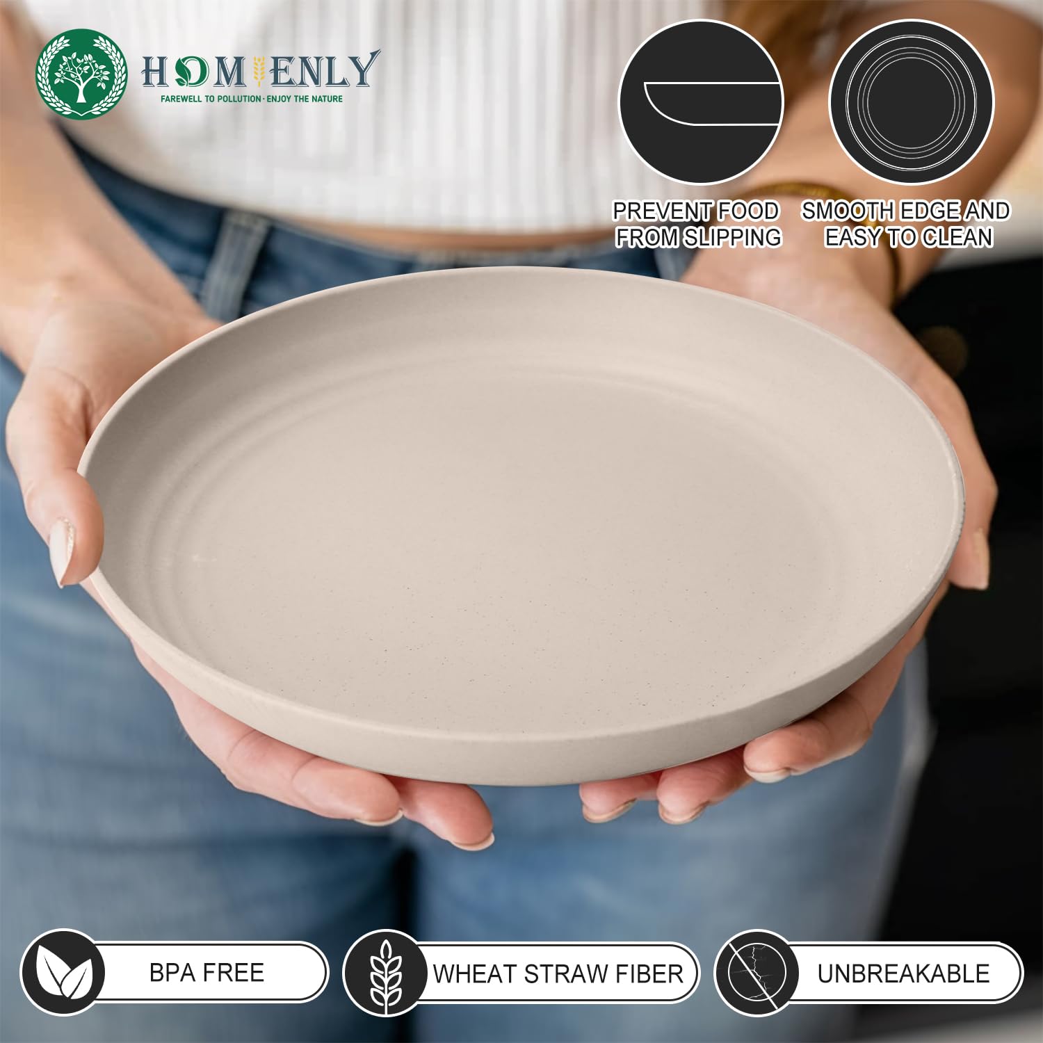 Homienly lightweight unbreakable plate stack demonstrating easy storage.