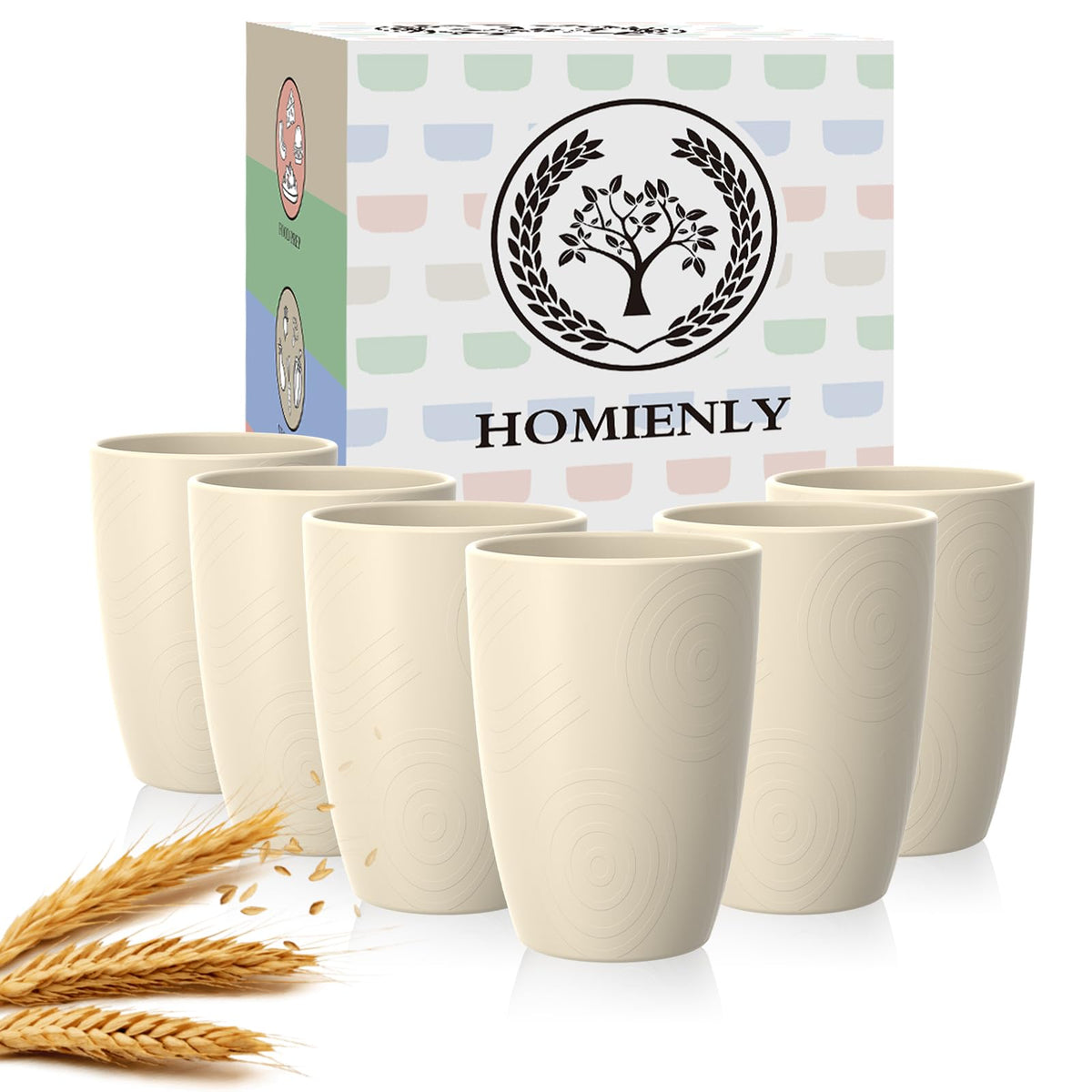 Homienly unbreakable 16oz wheat straw cups, six-pack, side-by-side for daily use.
