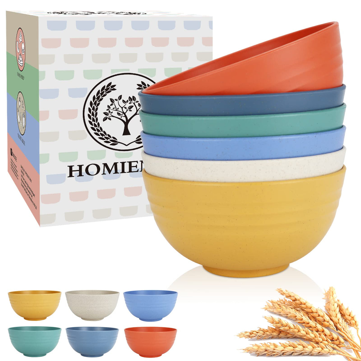 Homienly Wheat Straw Cereal Bowls color set on kitchen table, reusable alternative to plastic.