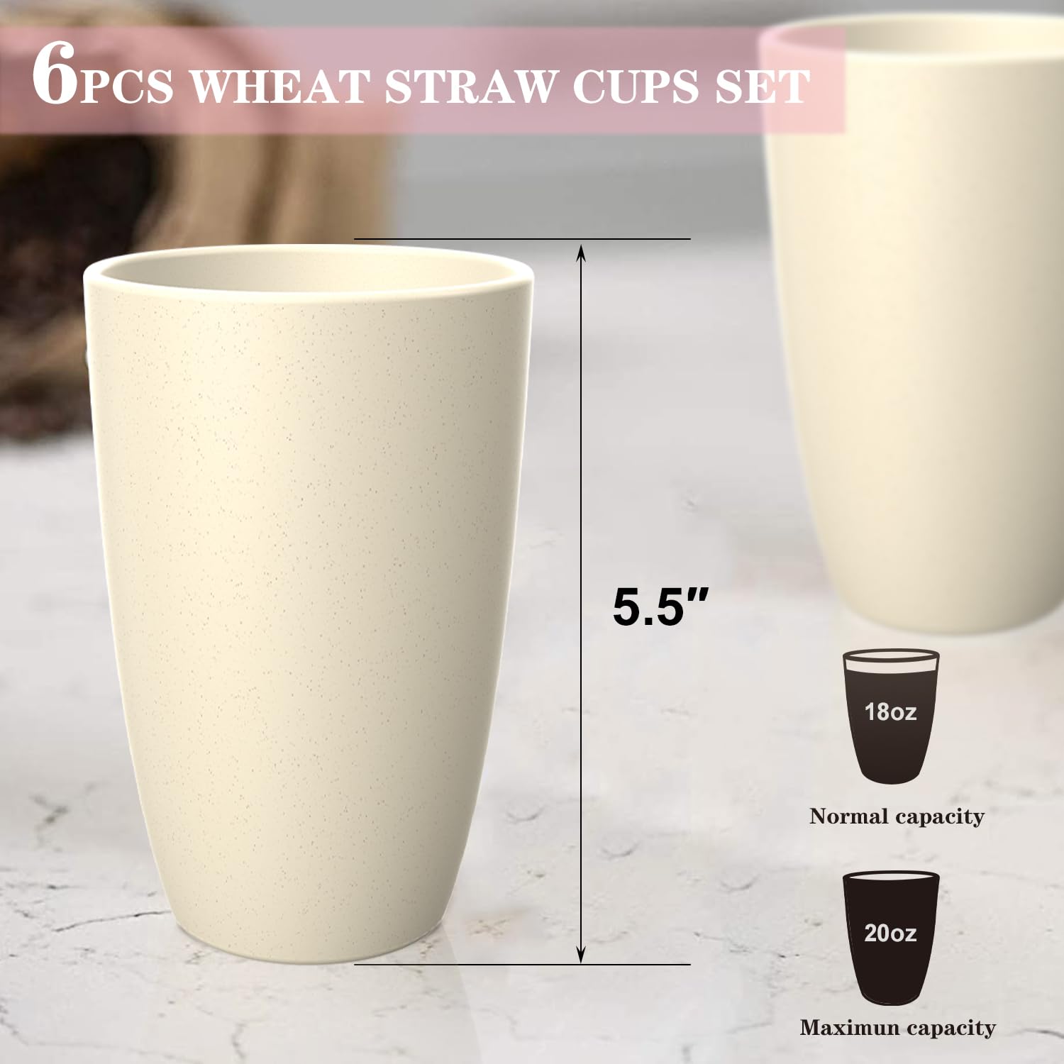 Beige 20oz cups, dishwasher-safe for family meals.
