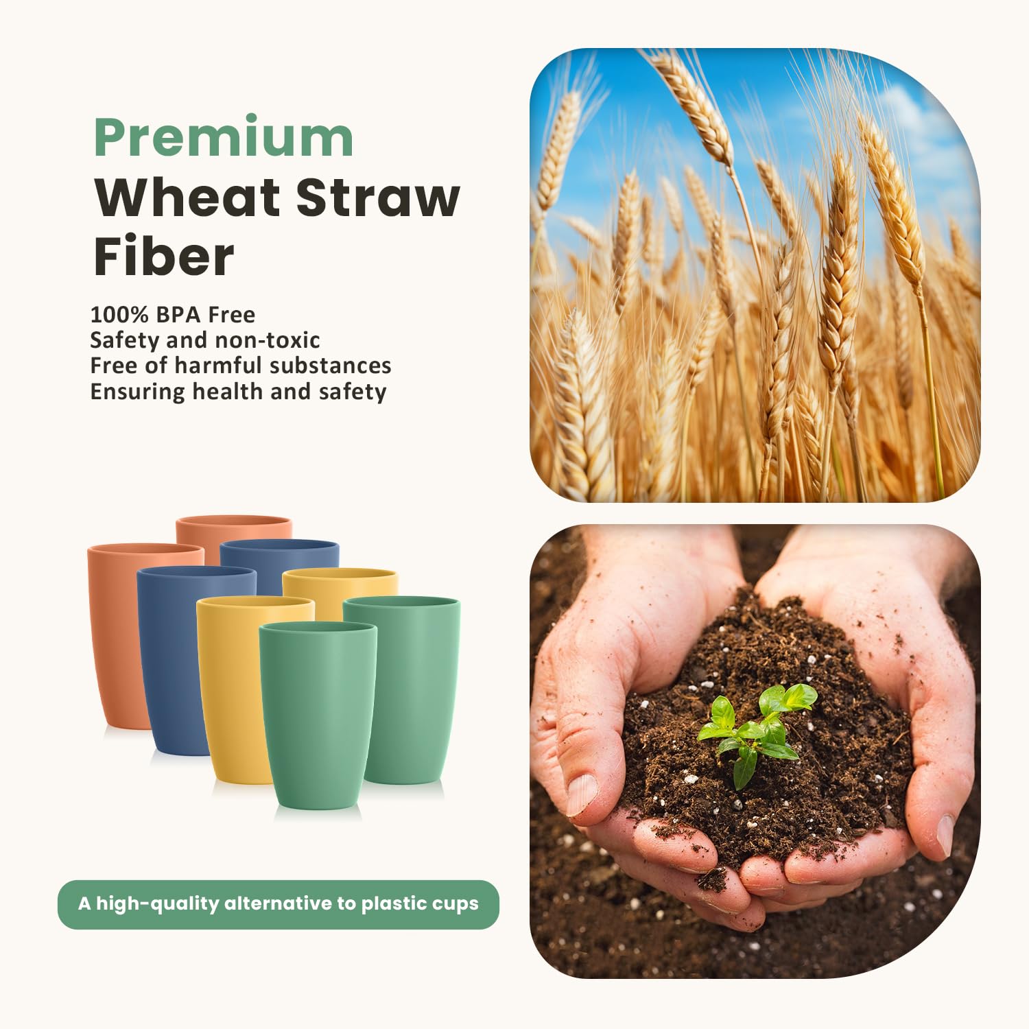 Homienly Wheat Straw Cups four-color set shown for kids and adults.