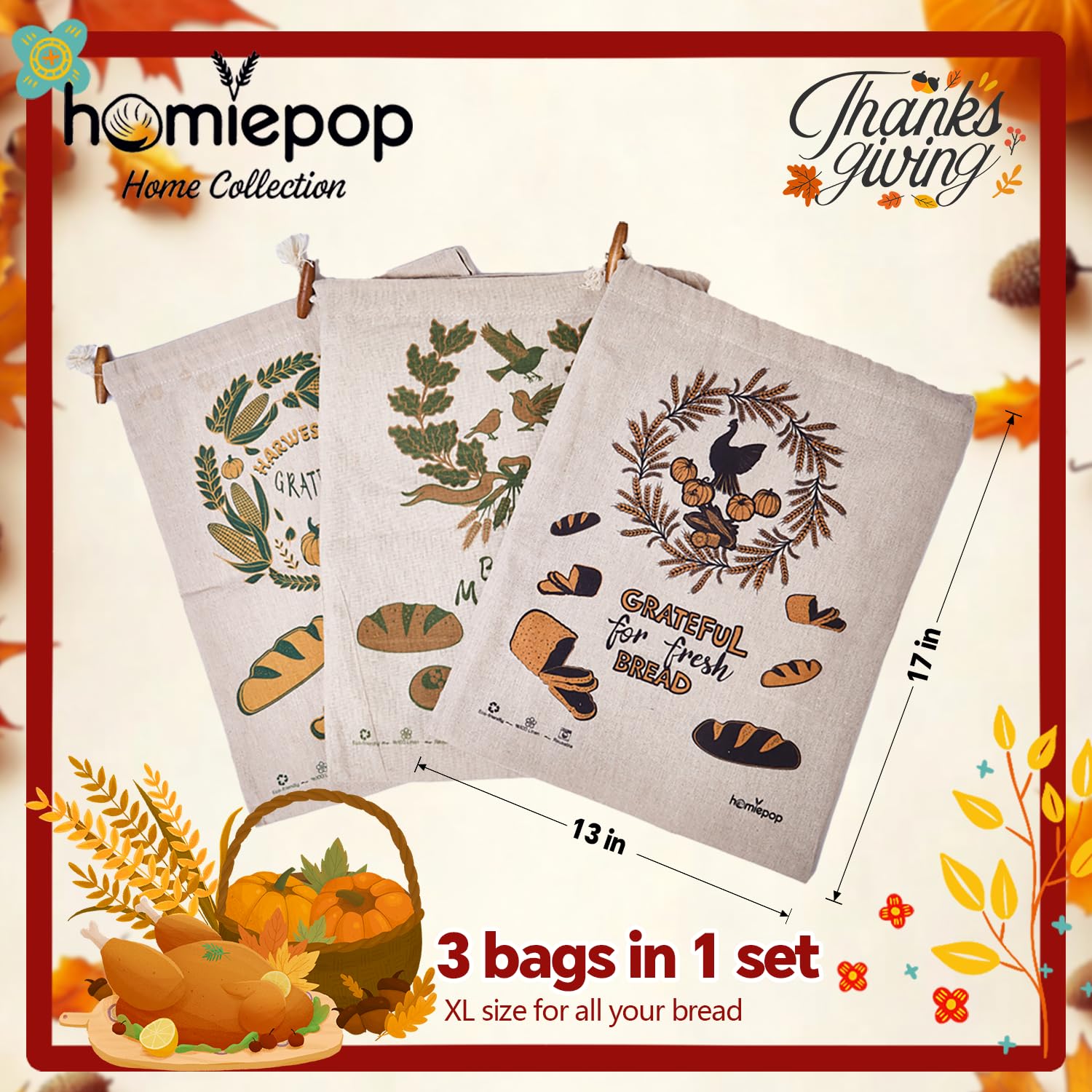 HomiePop bags featuring corn leaves design for harvest elegance and bread protection