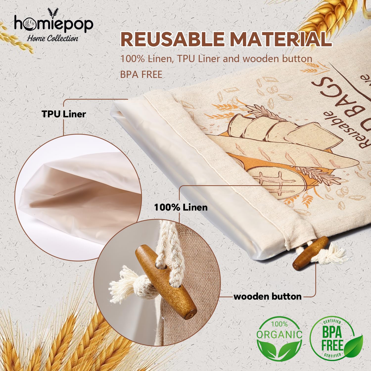 HomiePop linen bread bags highlight natural weave supporting texture and moisture balance.