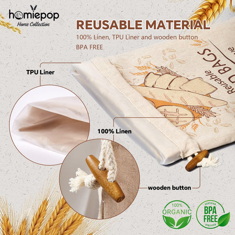 HomiePop linen bread bags highlight natural weave supporting texture and moisture balance.