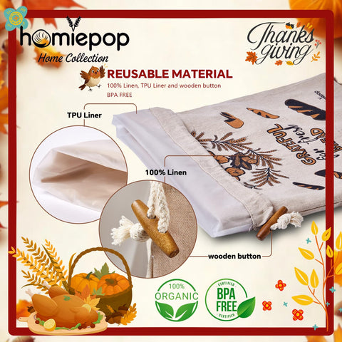 HomiePop bag shows rustic wooden button detail on linen surface