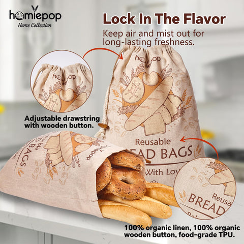 HomiePop bag with drawstring and wooden button provides secure seal.