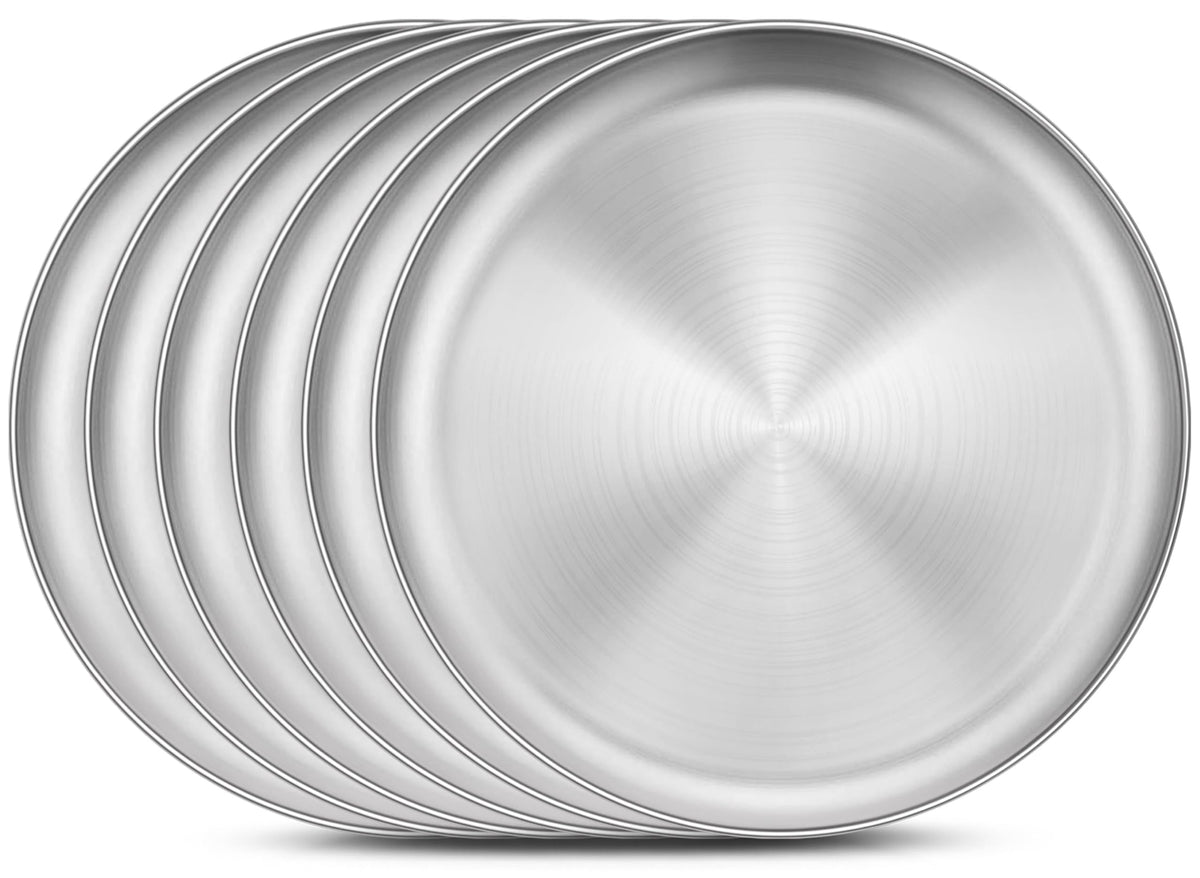 Homikit 6-pack stainless steel plates set on table, durable family dining solution