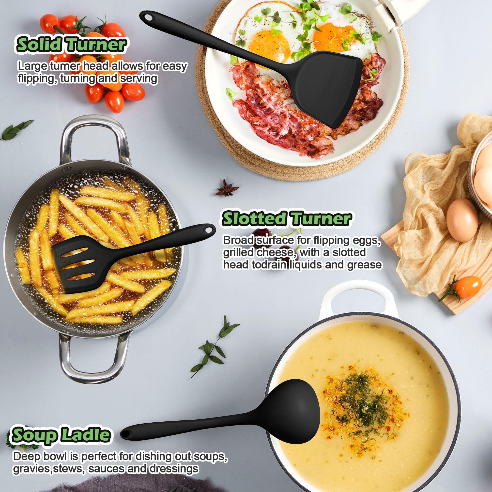 Homikit easy-clean silicone utensils have seamless surface for quick wiping.