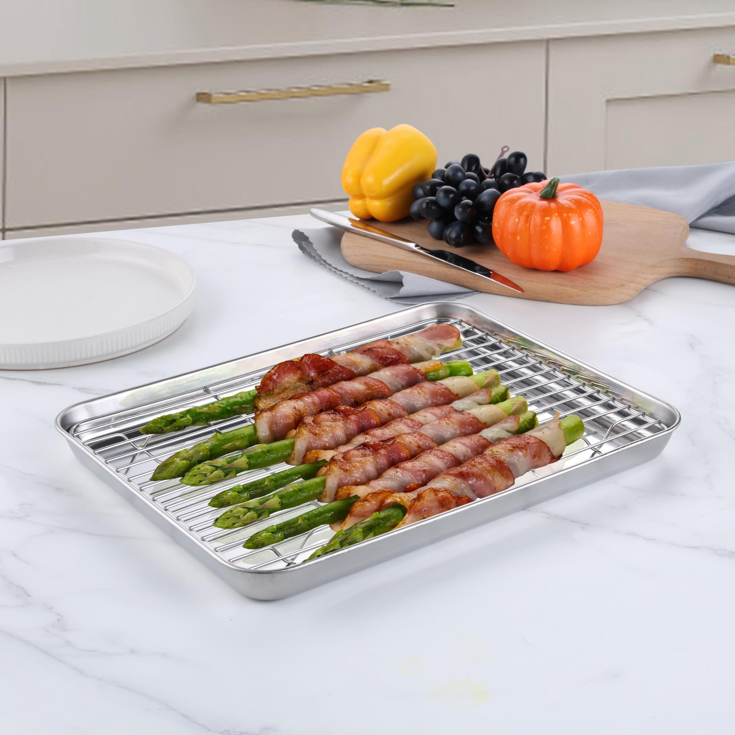 Homikit quarter-sheet pan fits toaster ovens for versatile baking.
