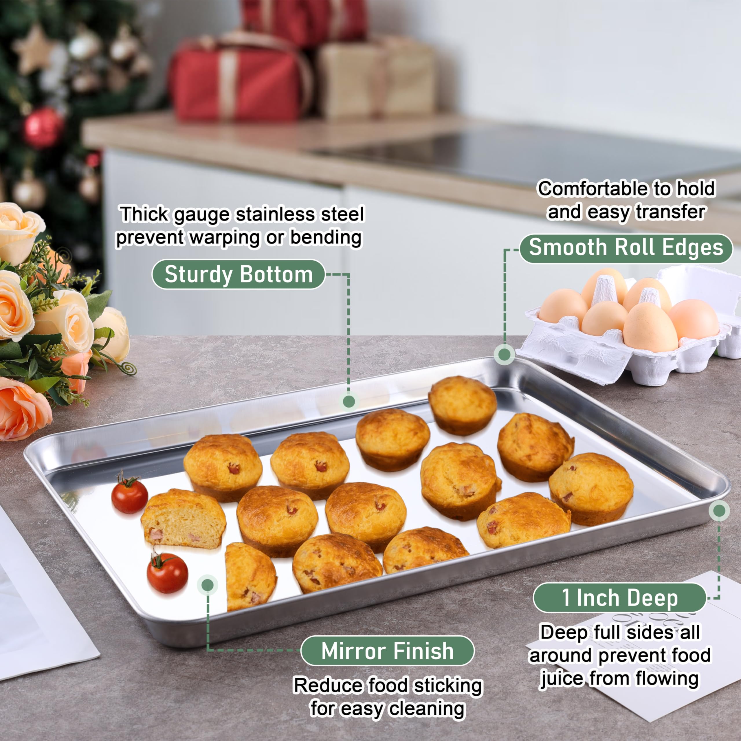 Homikit rolled-rim baking pan highlights durability and easy handling.