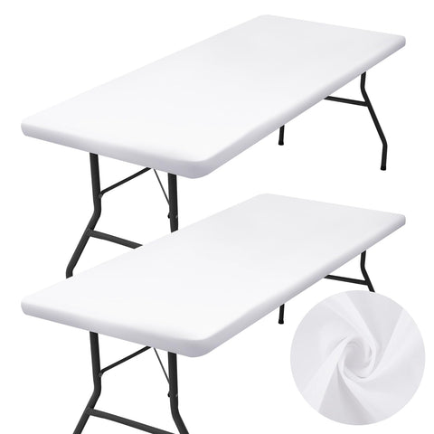 Homing 2-pack rectangle tablecloth with elastic edge on a 6-foot folding table.