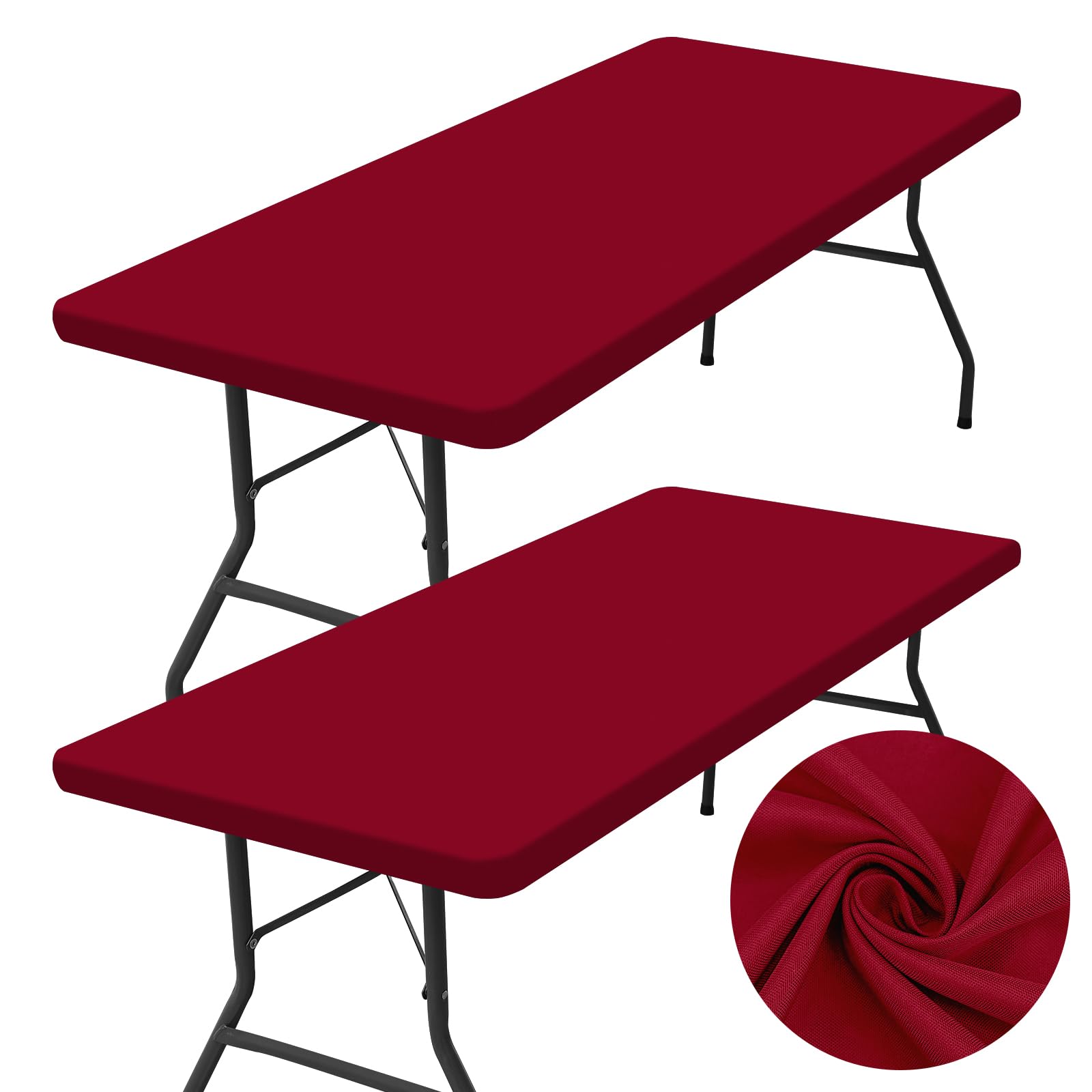 Homing elastic-edge table cloth on a 6-foot folding table for a secure, neat setup.