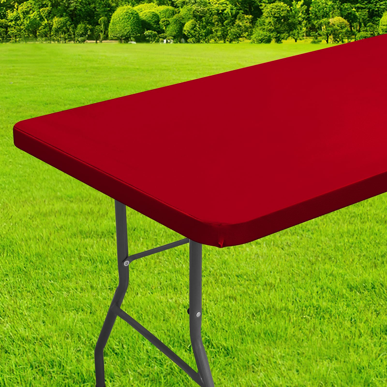 Homing rectangle table cloth cover with elastic edge for secure fit on 6-foot tables.