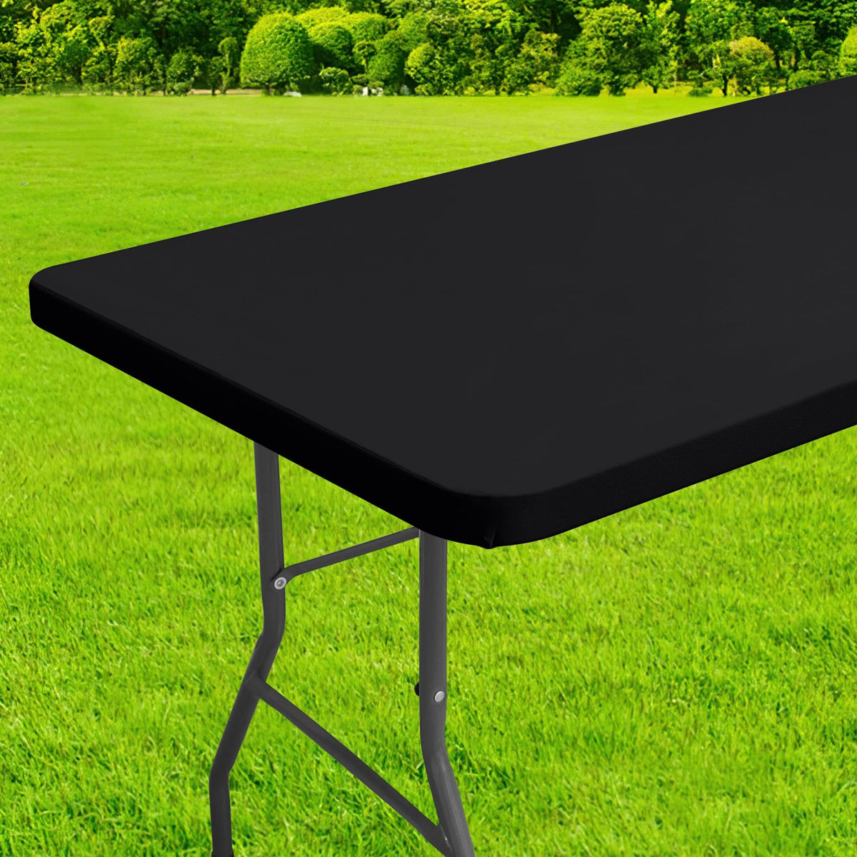 Homing Rectangle Table Cloth Cover front view on 8-foot table for outdoor use