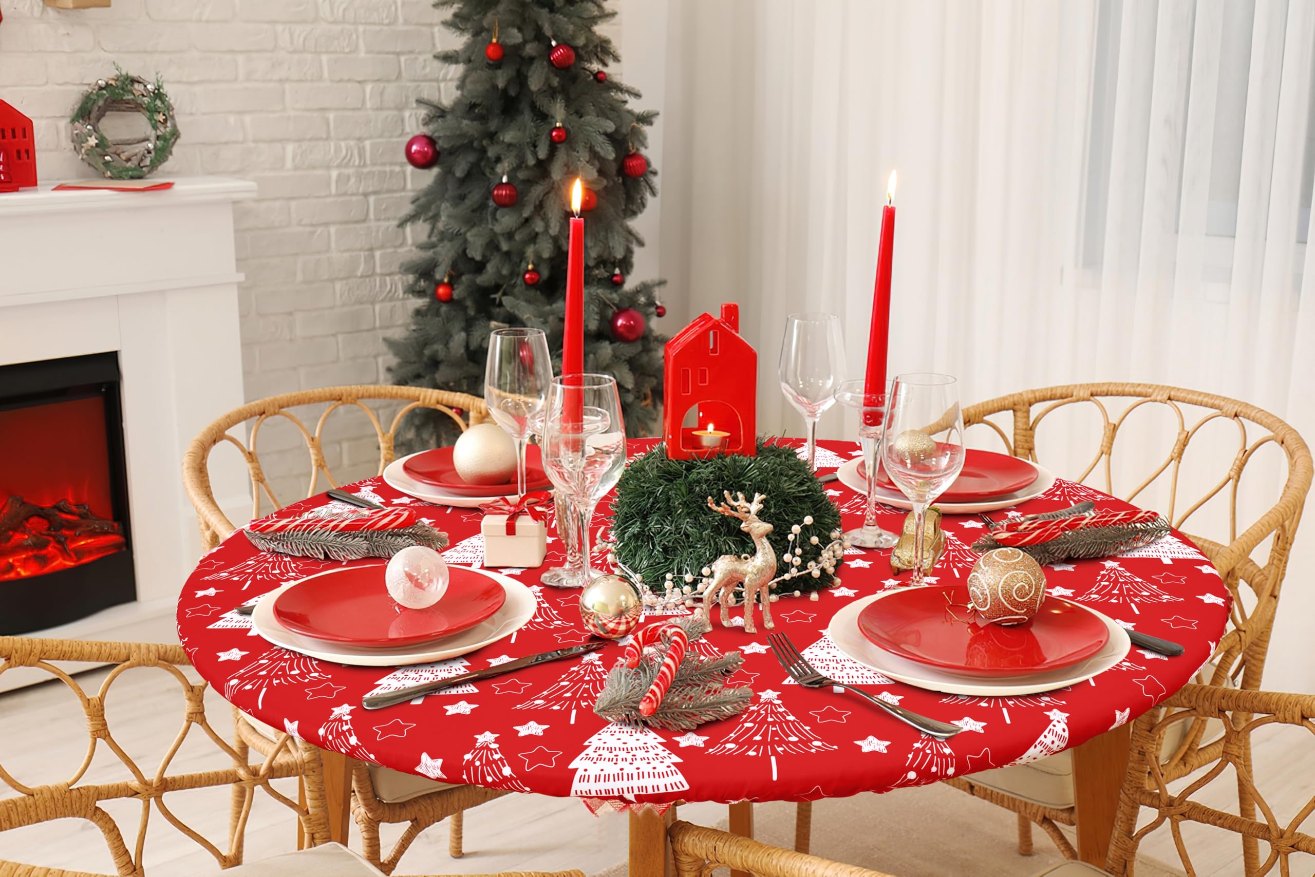 Homing round tablecloth elastic edge secures a tight fit on round tables.