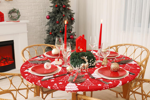 Homing round tablecloth elastic edge secures a tight fit on round tables.