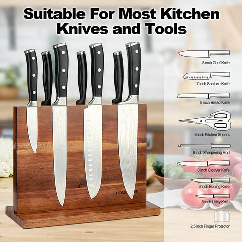 HOMIQUEEN acacia wood knife stand shows natural grain and durable support