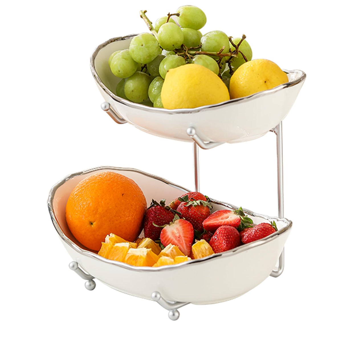 HOMKULA 2-tier ceramic fruit bowl with silver rim for space-saving counter use