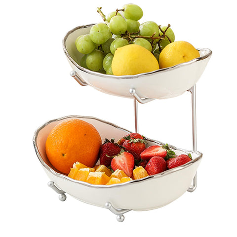 HOMKULA 2-tier ceramic fruit bowl with silver rim for space-saving counter use