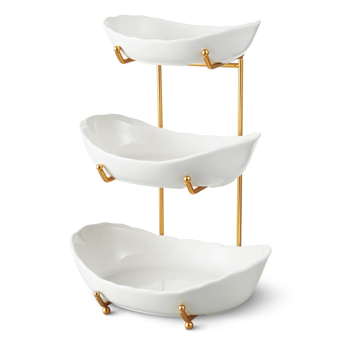 HOMKULA ceramic 3-tier fruit bowl with gold stand on kitchen counter saves space.