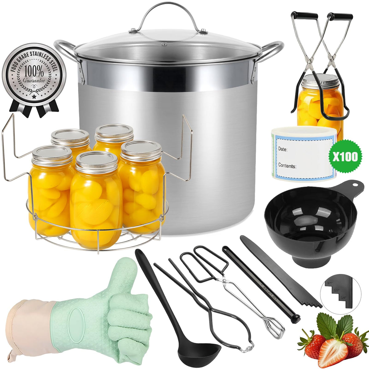 HOMKULA stainless steel canning pot with rack ready for water bath canning