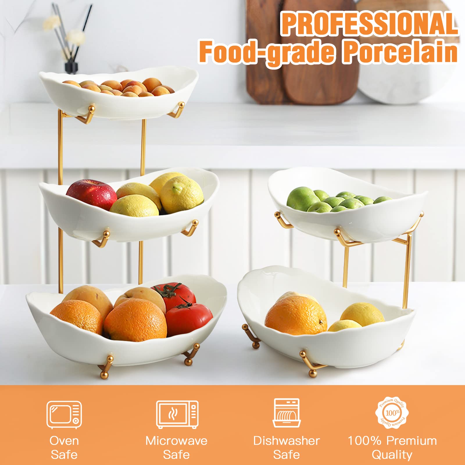 HOMKULA tiered fruit stand on countertop displays fruit, snacks, and desserts.