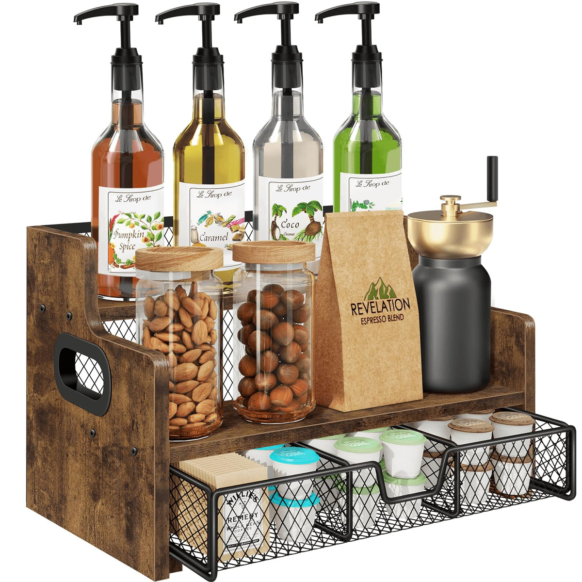 Homode coffee syrup rack 3-tier display keeps syrups organized and accessible.
