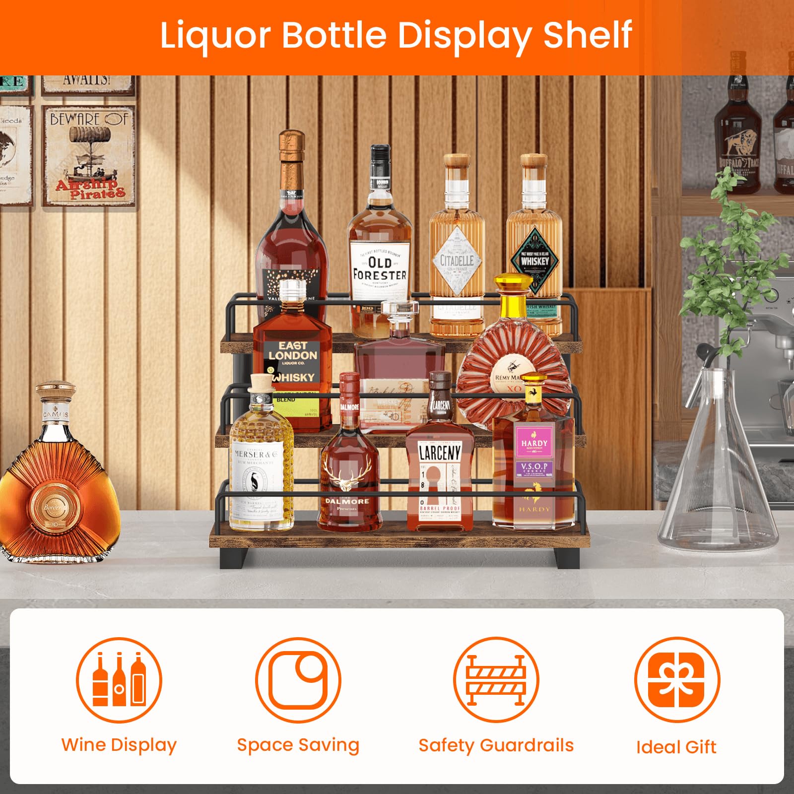 Homode countertop bar shelf provides easy reach for drinks and barware.
