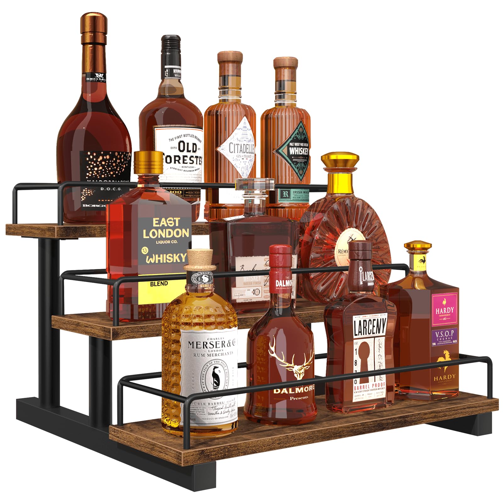 Homode liquor bottle display shelf on a sturdy countertop keeps bottles organized.