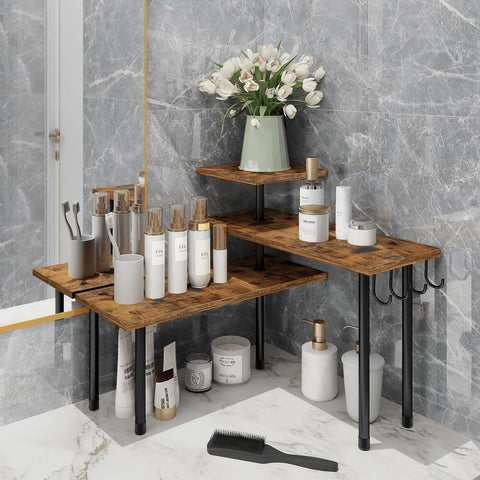 Homode 3-tier corner shelf with adjustable lower shelves for flexible placement.