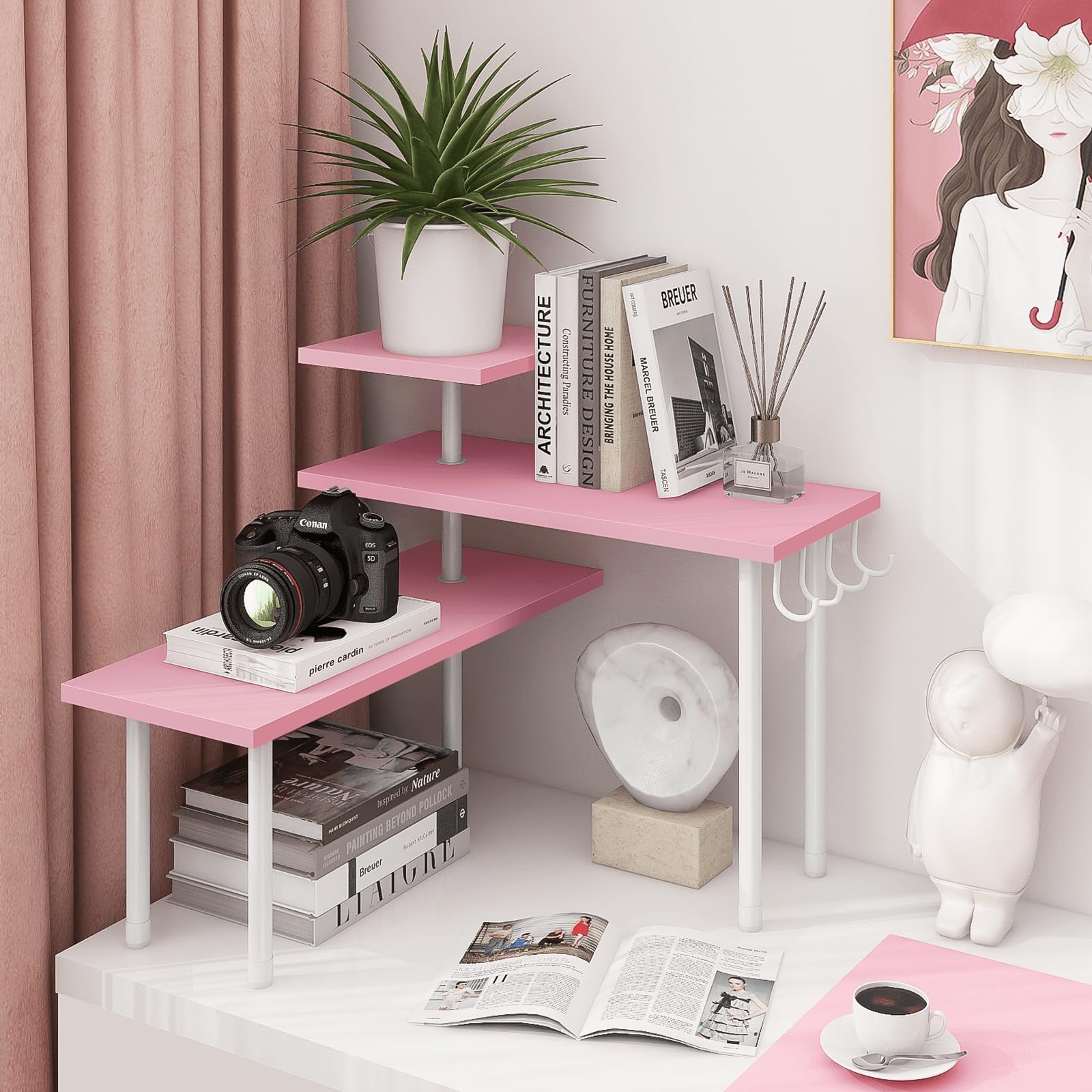 Homode sturdy pink shelf with steel rod and crossbar support
