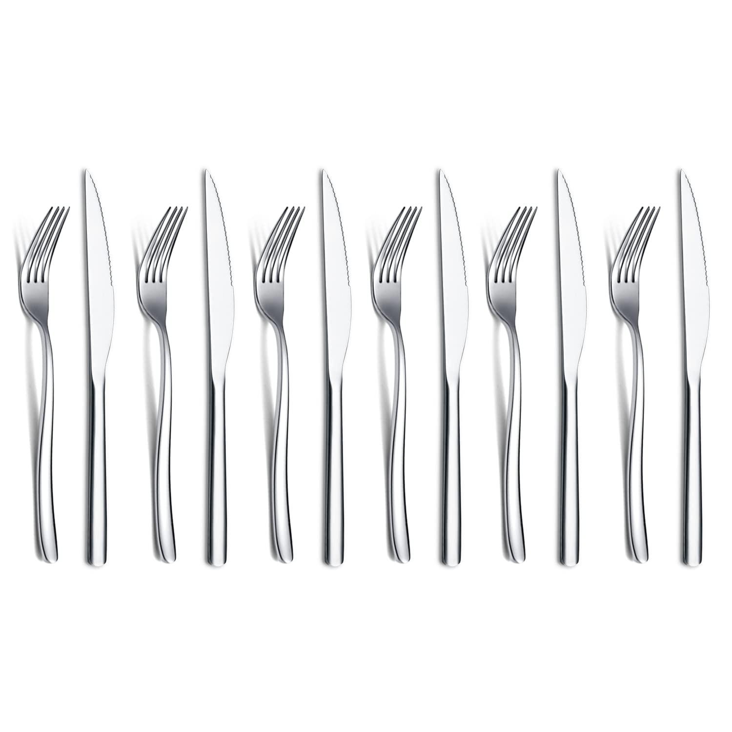 HOMQUEN 12-piece steak knife set on table with mirror finish for elegant dining.