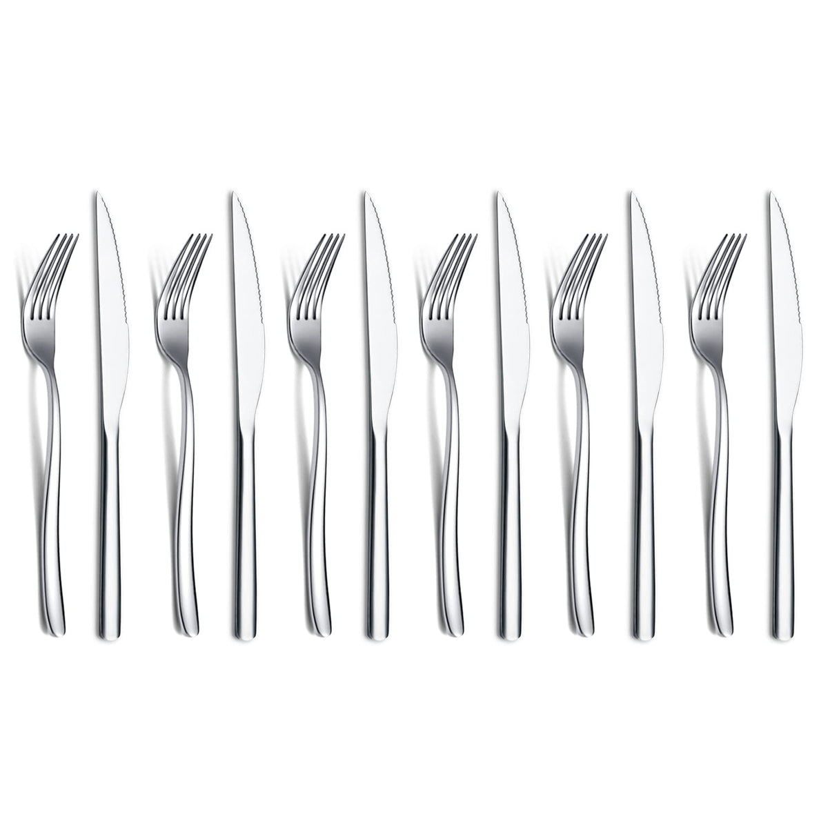 HOMQUEN 12-piece steak knife set on table with mirror finish for elegant dining.