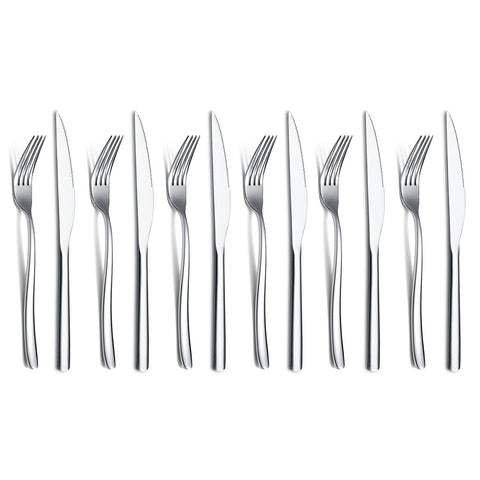 HOMQUEN 12-piece steak knife set on table with mirror finish for elegant dining.