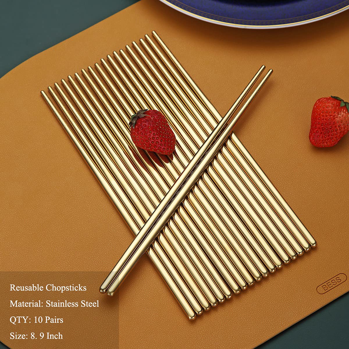 HOMQUEN gold-plated chopsticks with non-slip groove for secure grip during meals.