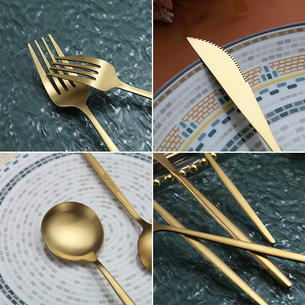 HOMQUEN matte gold flatware closeup shows durable finish
