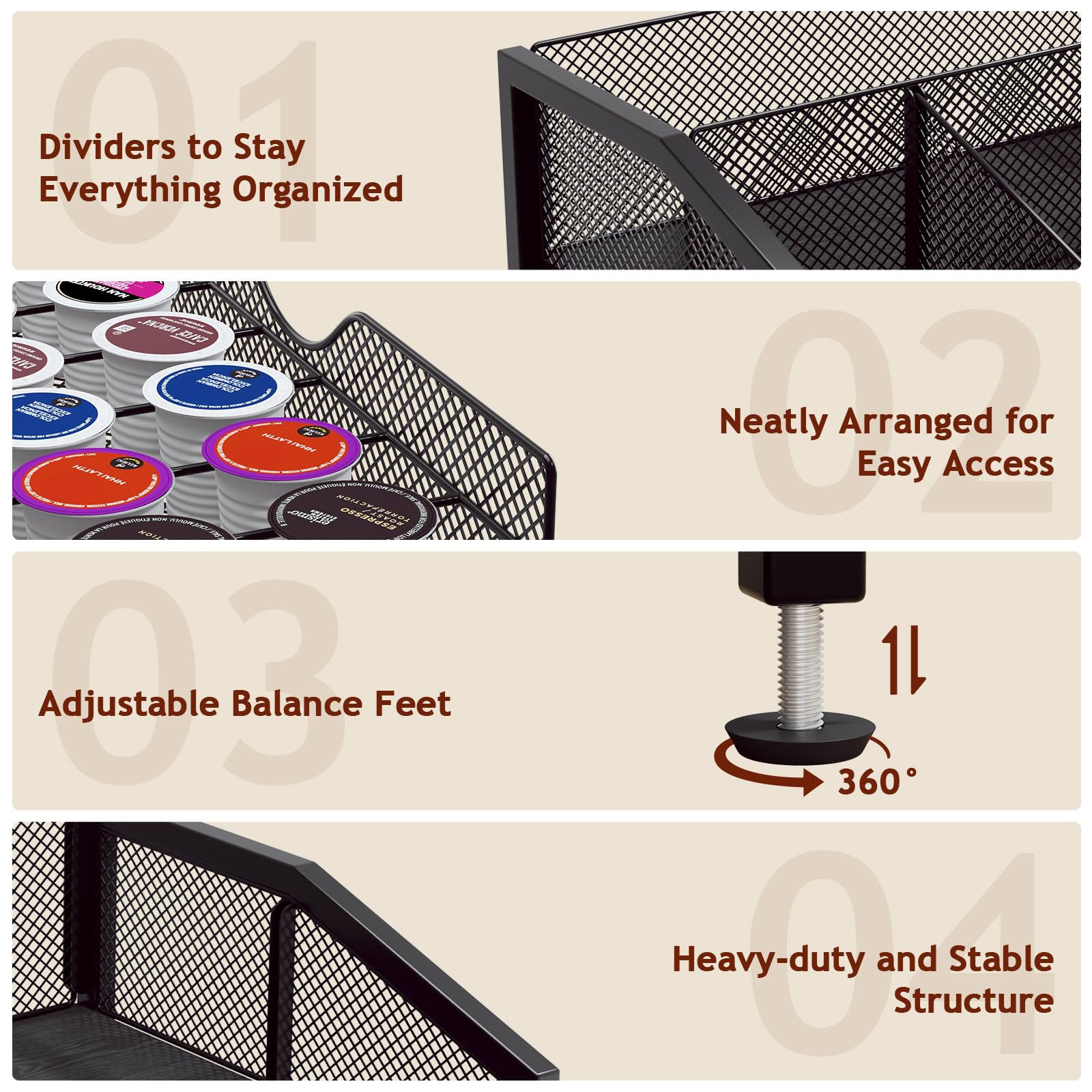 Homsorout Coffee Bar Organizer anti-slip feet keep it steady on any counter.