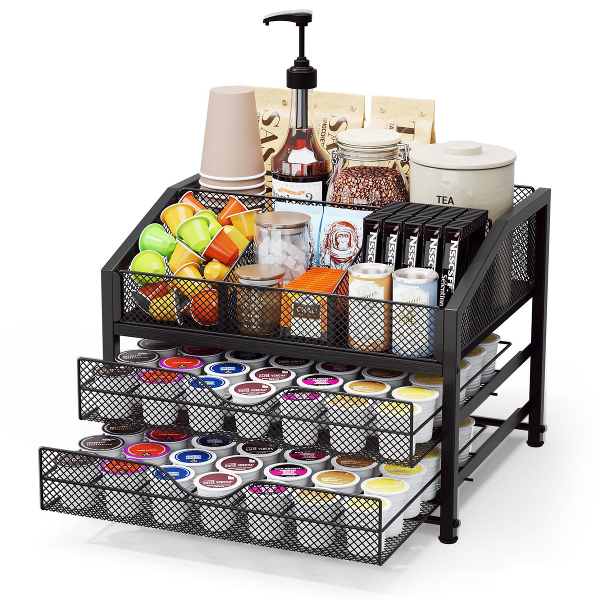 Homsorout Coffee Bar Organizer front view for quick access to pods and cups.