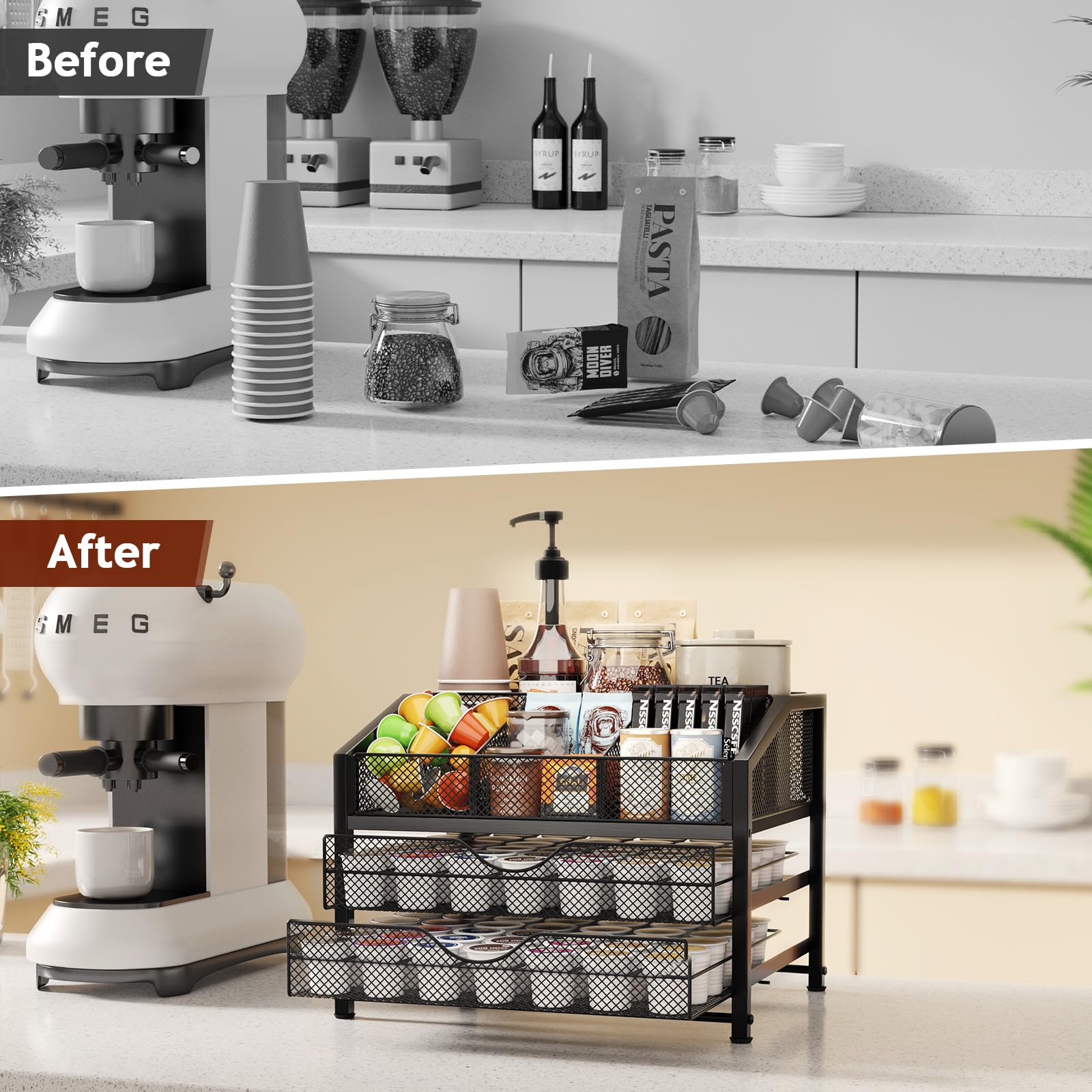 Homsorout Coffee Bar Organizer metal mesh shows sturdy construction for daily use.