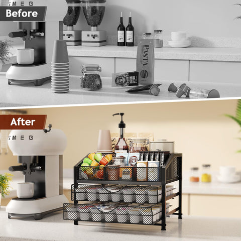 Homsorout Coffee Bar Organizer metal mesh shows sturdy construction for daily use.