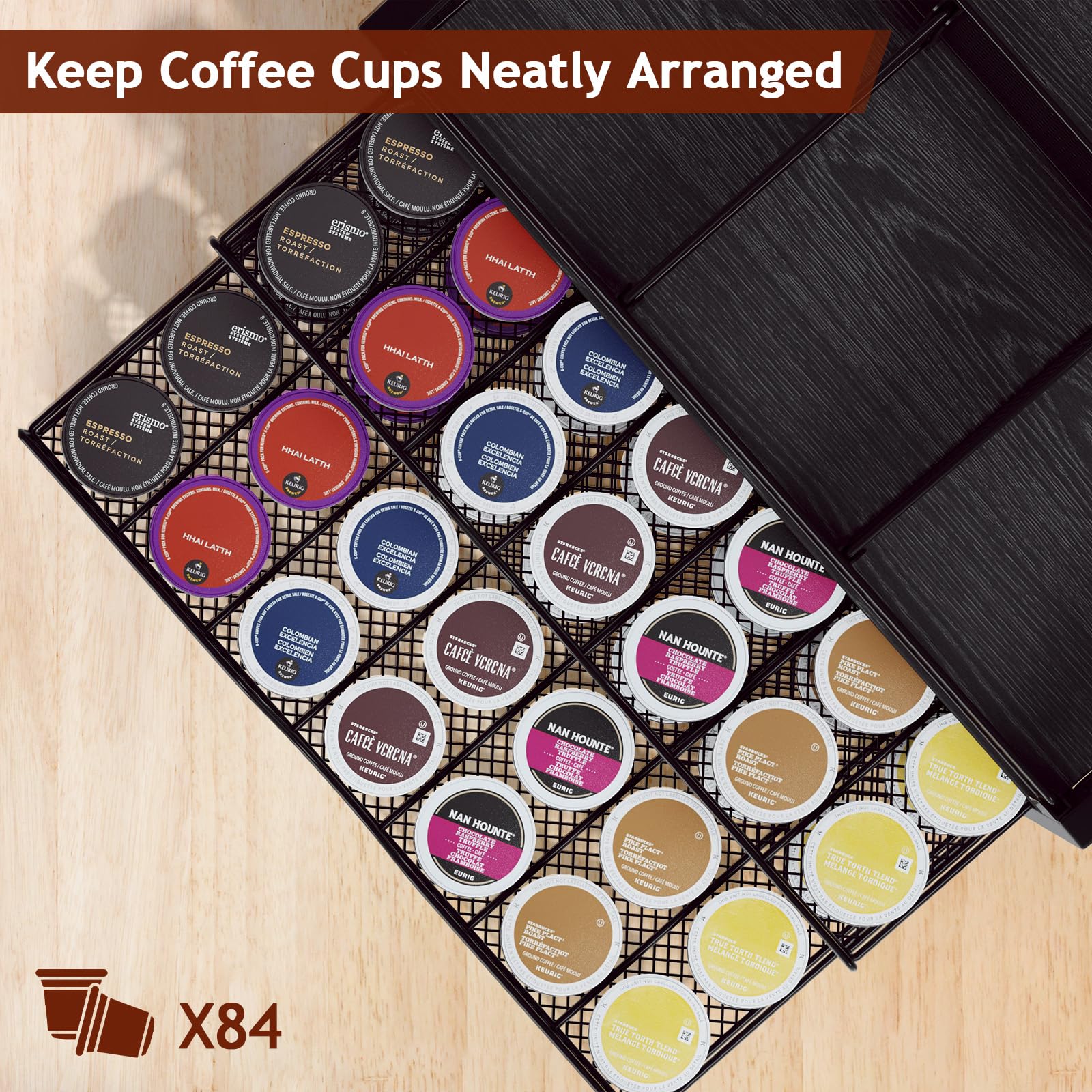 Homsorout Coffee Bar Organizer side view showing compact footprint for small spaces.