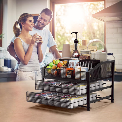 Homsorout Coffee Bar Organizer black finish complements kitchens while keeping essentials organized.