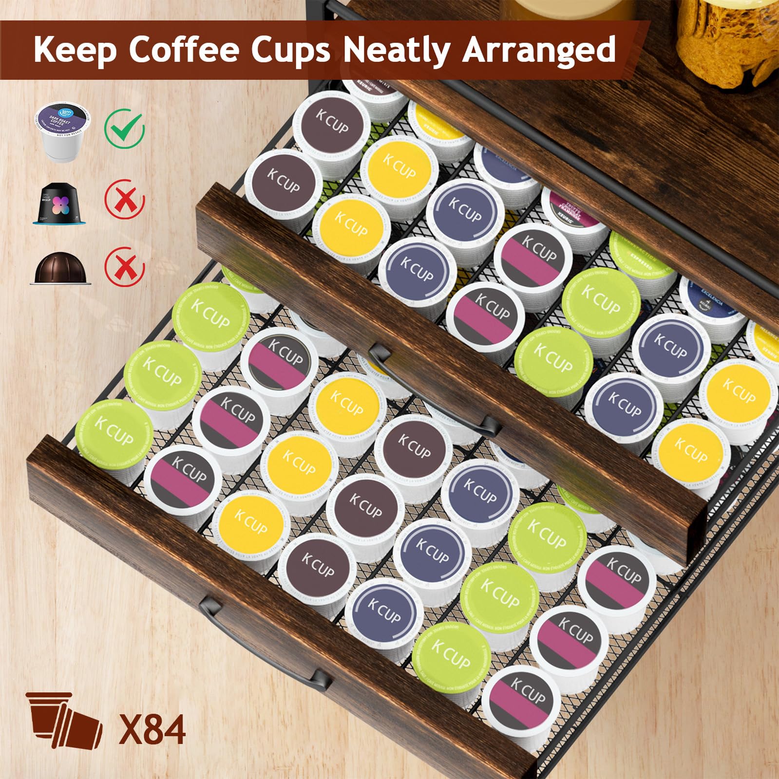 Homsorout coffee-station-organizer keeps pods and syrups within easy reach in busy mornings.