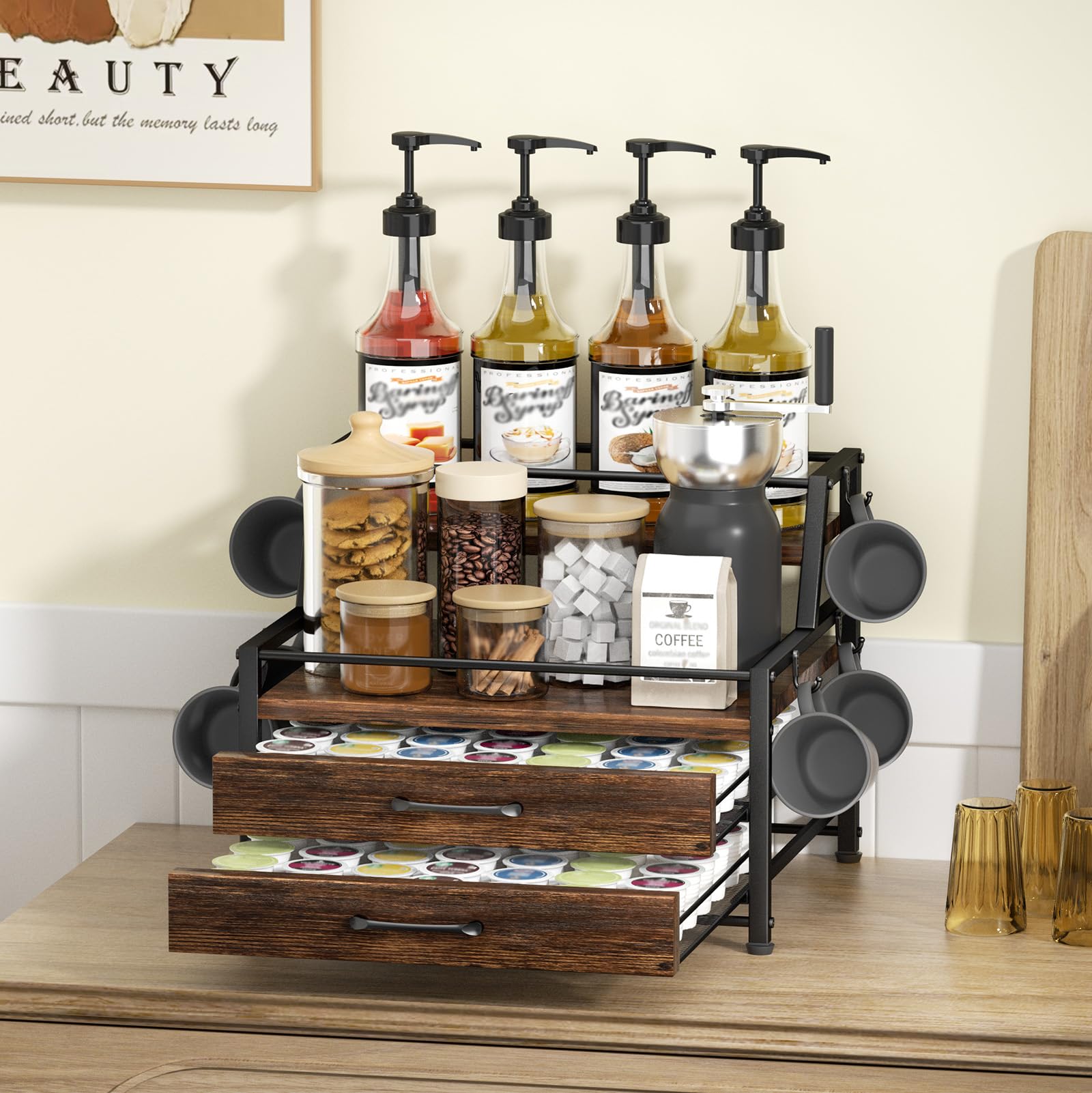 Homsorout front view reveals the four-tier design for an organized coffee station.