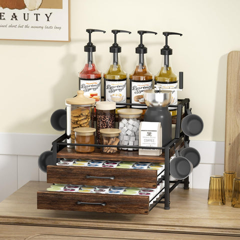 Homsorout front view reveals the four-tier design for an organized coffee station.
