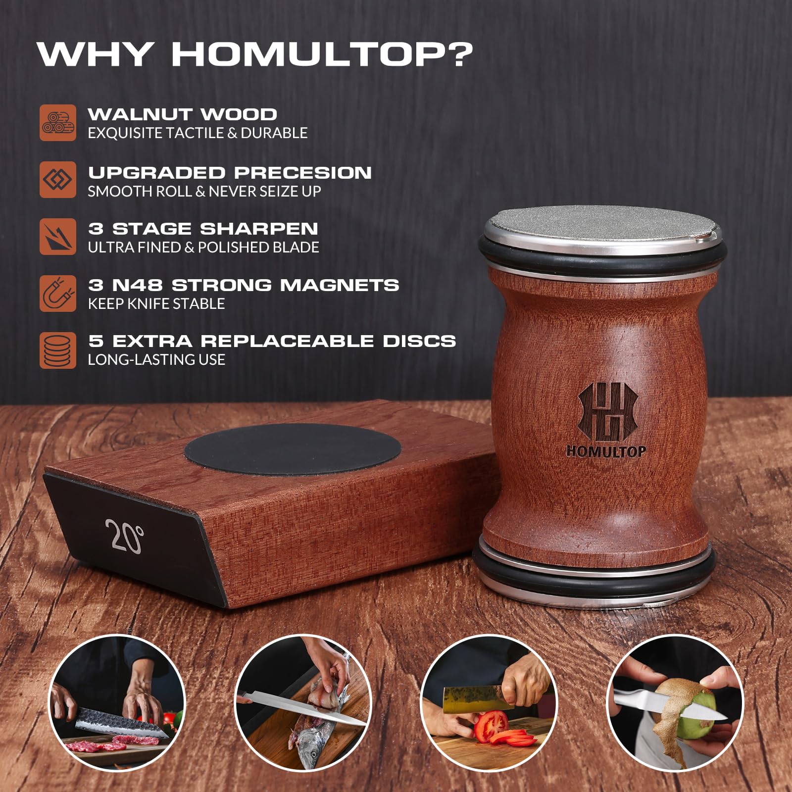 Homultop rolling knife sharpener kit magnetic base secures knives during sharpening