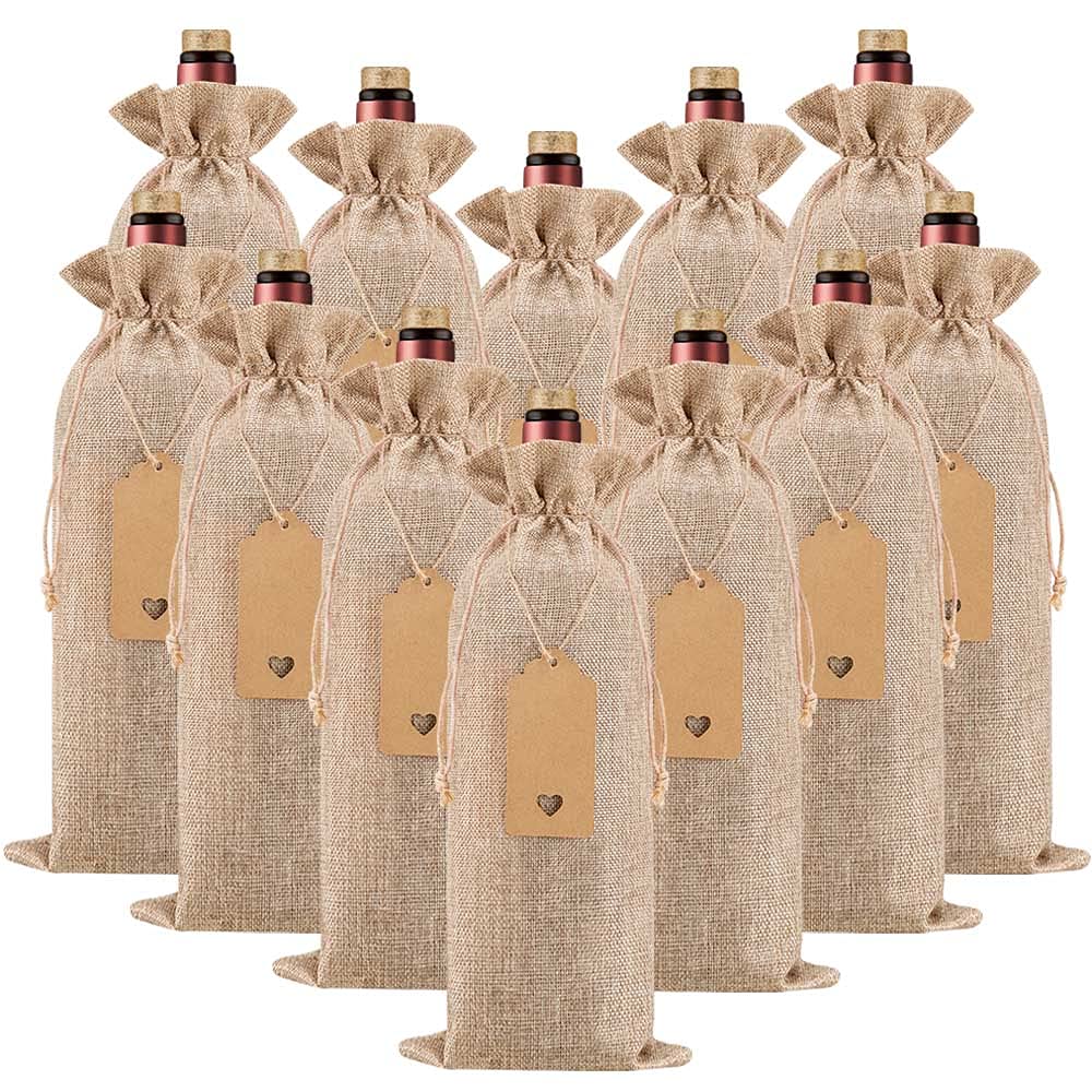 Homum burlap wine bags with drawstrings secure standard wine bottles for gifting.