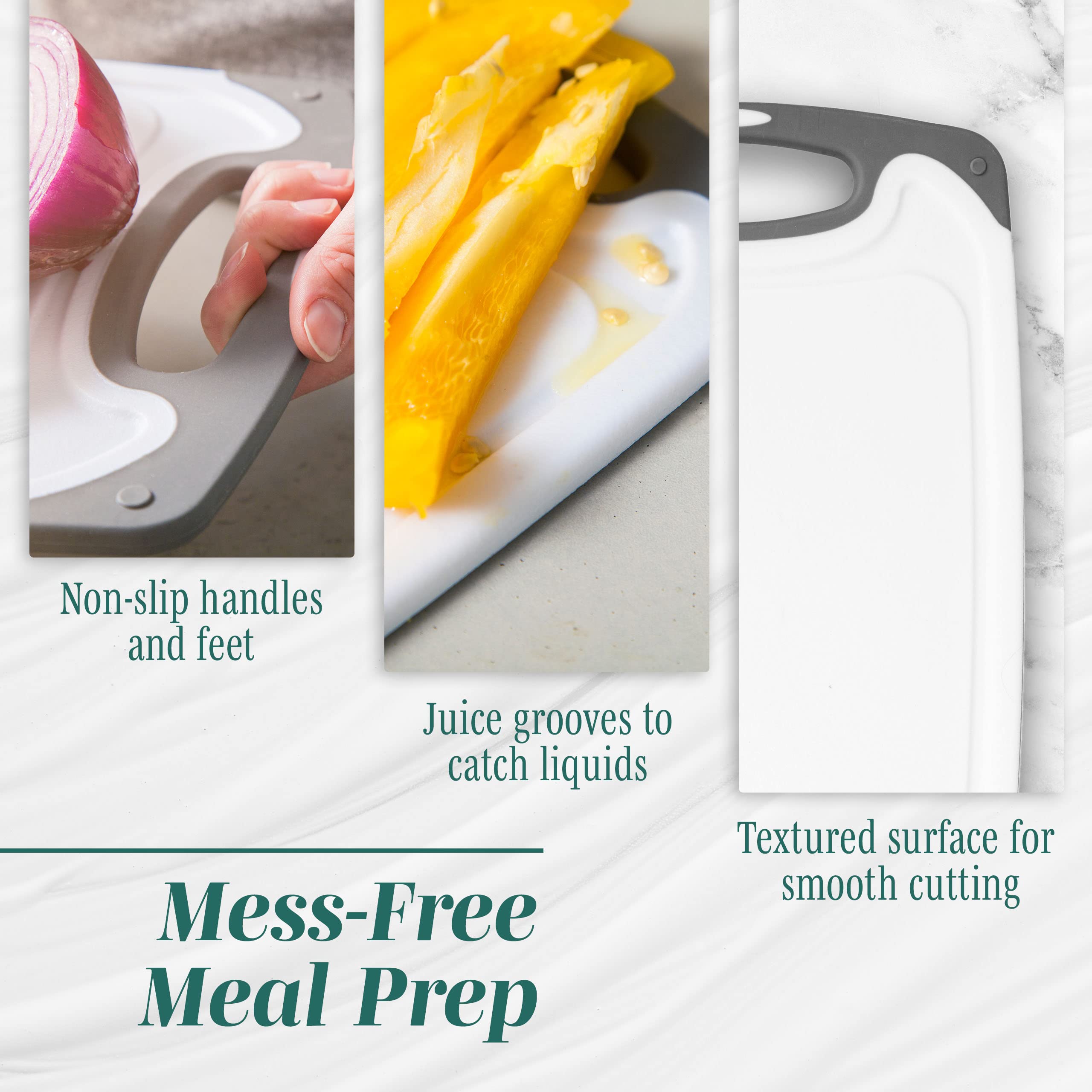 HOMWE cutting board with juice groove catches liquids for easy cleanup